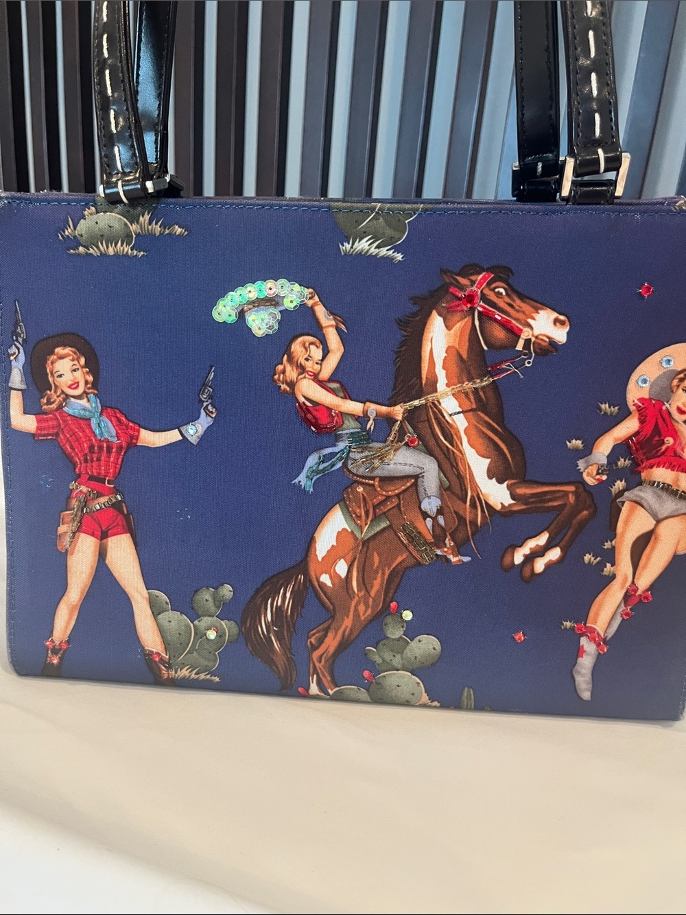 Classic Cowgirl style Navy Western Print Tote Bag with Horse Motif